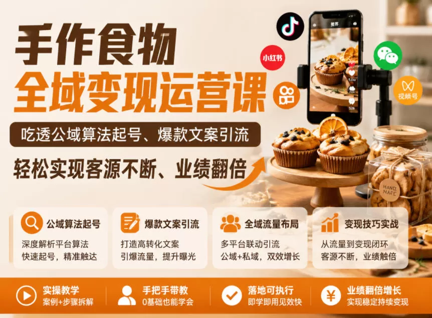 手作食物全域变现运营课,吃透公域算法起号、爆款文案引流,轻松实现客源不断、业绩翻倍网创资源-中创网-冒泡网-福缘网长青创习社