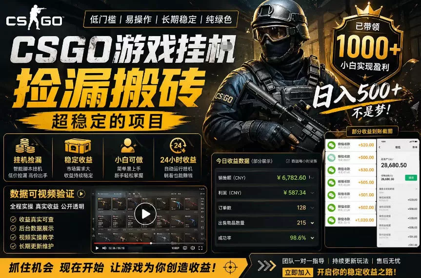 CSGO游戏搬砖，全自动挂G，不需要玩游戏，手机操作日入300+，解放双手【揭秘】网创资源-中创网-冒泡网-福缘网长青创习社