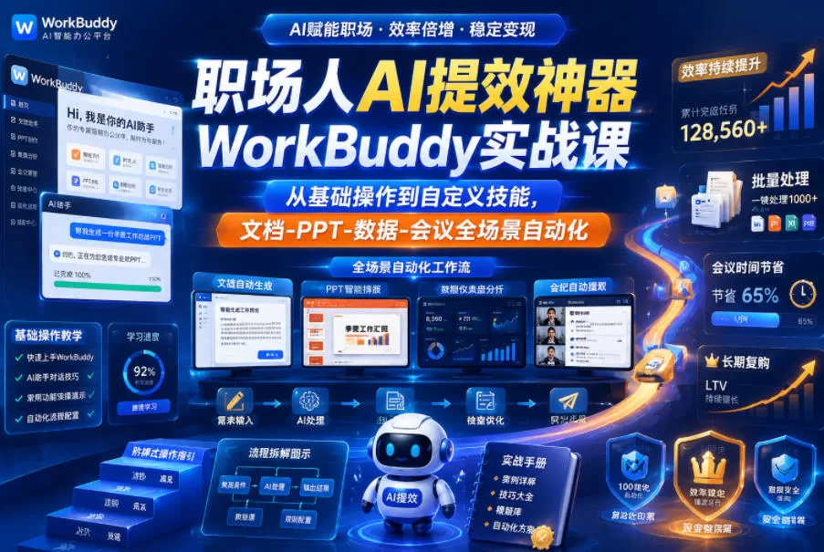 职场人AI提效神器WorkBuddy实战课，从基础操作到自定义技能，文档-PPT-数据-会议全场景自动化网创资源-中创网-冒泡网-福缘网长青创习社
