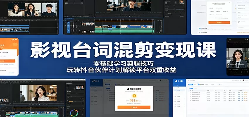 影视台词混剪变现课:零基础学习剪辑技巧,玩转抖音伙伴计划解锁平台双重收益网创资源-中创网-冒泡网-福缘网长青创习社