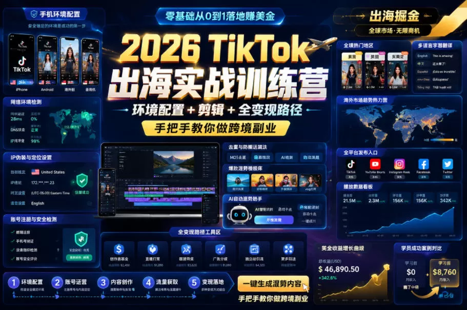 2026 TikTok出海实战训练营，环境配置 + 剪辑 + 全变现路径，手把手教你做跨境副业网创资源-中创网-冒泡网-福缘网长青创习社