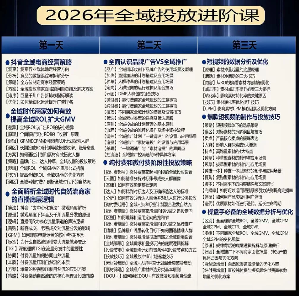 千川扫地僧2026抖音全域投放进阶课，少走弯路·快速起量·掌控增长，6月12-14号杭州线下课(更新)网创资源-中创网-冒泡网-福缘网长青创习社