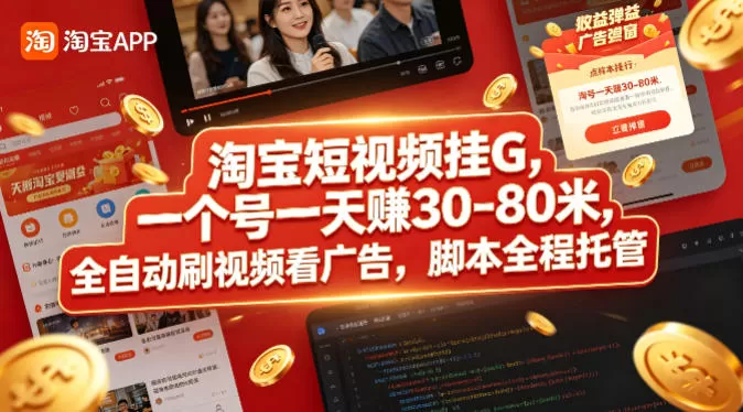 淘宝短视频挂G，一个号一天 賺30-80米，全自动刷视频看广告，脚本全程托管【揭秘】网创资源-中创网-冒泡网-福缘网长青创习社