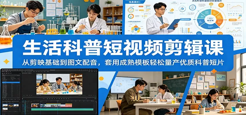 生活科普短视频剪辑课:从剪映基础到图文配音,套用成熟模板轻松量产优质科普短片网创资源-中创网-冒泡网-福缘网长青创习社