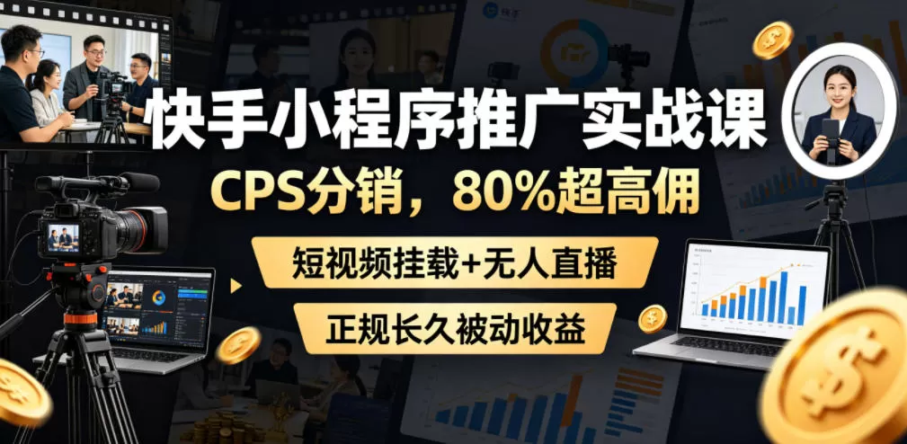快手小程序推广实战课，CPS分销，80%超高佣，短视频挂载+无人直播，正规长久被动收益网创资源-中创网-冒泡网-福缘网长青创习社