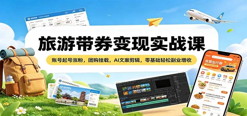 旅游带券变现实战课：账号起号涨粉，团购挂载，AI文案剪辑，零基础轻松副业增收网创资源-中创网-冒泡网-福缘网长青创习社