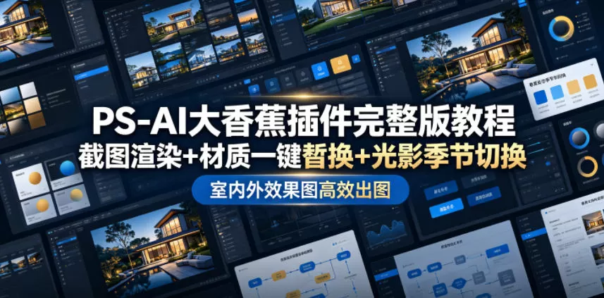 PS-AI大香蕉插件完整版教程，截图渲染+材质一键替换+光影季节切换，室内外效果图高效出图高阶课程网创资源-中创网-冒泡网-福缘网长青创习社