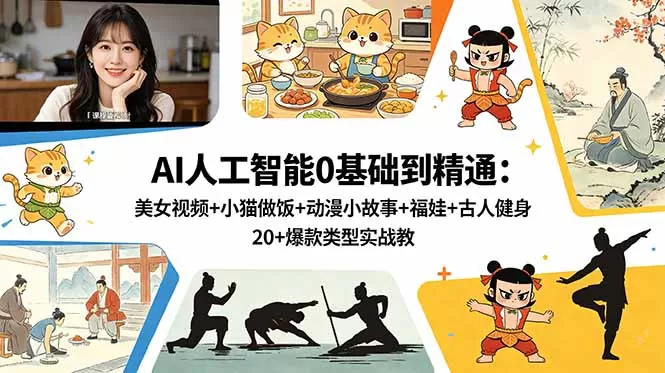 AI人工智能0基础到精通：美女视频+小猫做饭+动漫小故事+福娃+古人健身，20+爆款类型实战教学网创资源-中创网-冒泡网-福缘网长青创习社