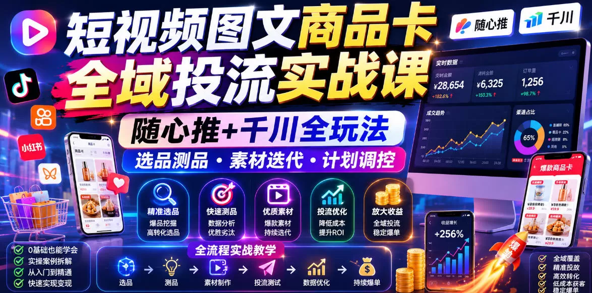 短视频图文商品卡全域投流实战课，随心推+千川全玩法，选品测品・素材迭代・计划调控，提升ROI爆单增收教程网创资源-中创网-冒泡网-福缘网长青创习社