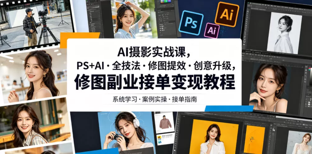 AI摄影实战课,PS+AI・全技法・修图提效・创意升级,修图副业接单变现教程网创资源-中创网-冒泡网-福缘网长青创习社