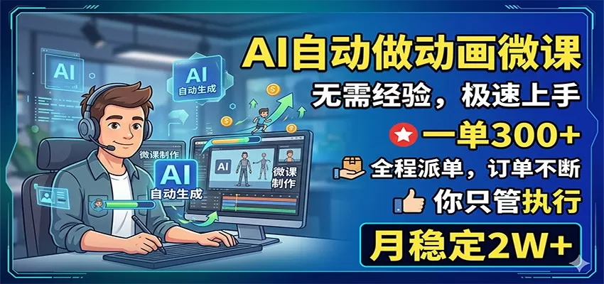 AI自动做动画微课，一单300+，全程派单，你只管执行，月稳定2W+网创资源-中创网-冒泡网-福缘网长青创习社