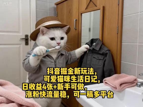 抖音掘金新玩法，可爱猫咪生活日记，日收益4张+新手可做，涨粉快流量稳，可一稿多平台网创资源-中创网-冒泡网-福缘网长青创习社