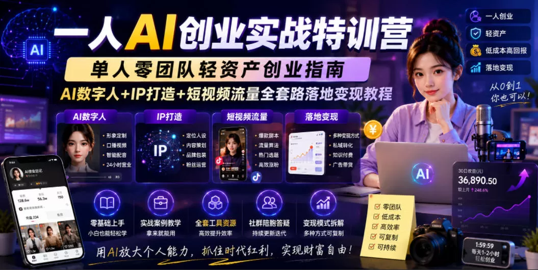 一人AI创业实战特训营,单人零团队轻资产创业指南,AI数字人+IP打造+短视频流量全套路落地变现教程网创资源-中创网-冒泡网-福缘网长青创习社