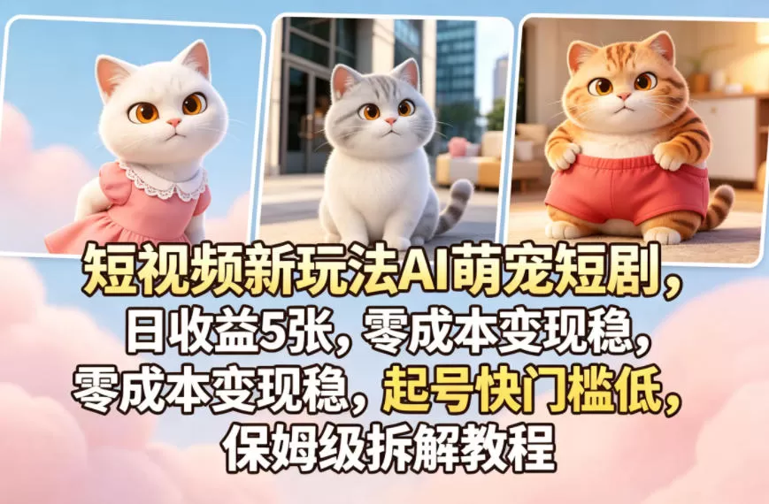 短视频新玩法AI萌宠短剧，日收益5张，零成本变现稳，起号快门槛低，保姆级拆解教程网创资源-中创网-冒泡网-福缘网长青创习社