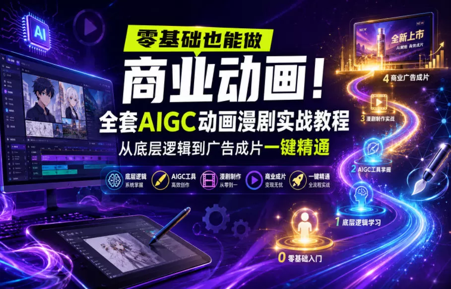 零基础也能做商业动画！全套AIGC动画漫剧实战教程，从底层逻辑到广告成片一键精通网创资源-中创网-冒泡网-福缘网长青创习社