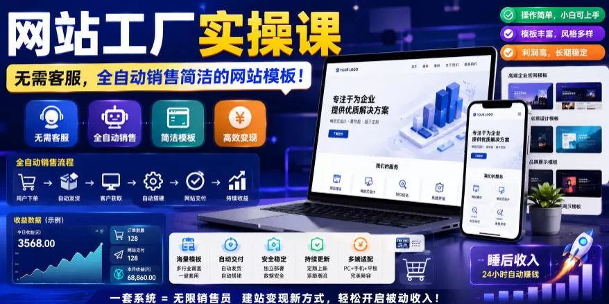 网站工厂实操课，无需客服，网站模板自动赚钱！【原创双语字幕】网创资源-中创网-冒泡网-福缘网长青创习社