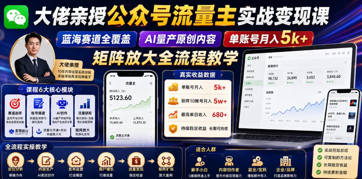 大佬亲授公众号流量主实战变现课，蓝海赛道全覆盖，AI量产原创内容，单账号月入5k+矩阵放大全流程教学网创资源-中创网-冒泡网-福缘网长青创习社