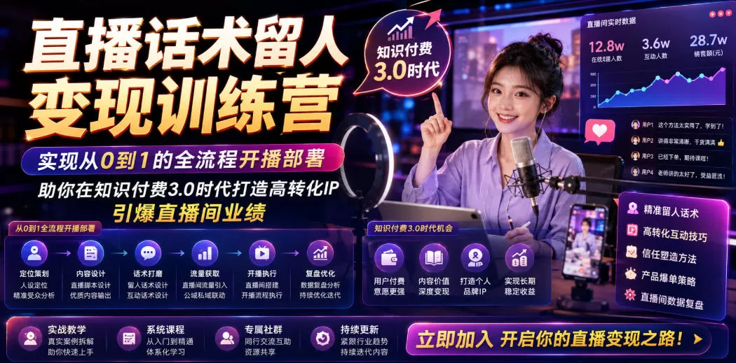 直播话术留人变现训练营，实现从0到1的全流程开播部署，助你在知识付费3.0时代打造高转化IP，引爆直播间业绩网创资源-中创网-冒泡网-福缘网长青创习社