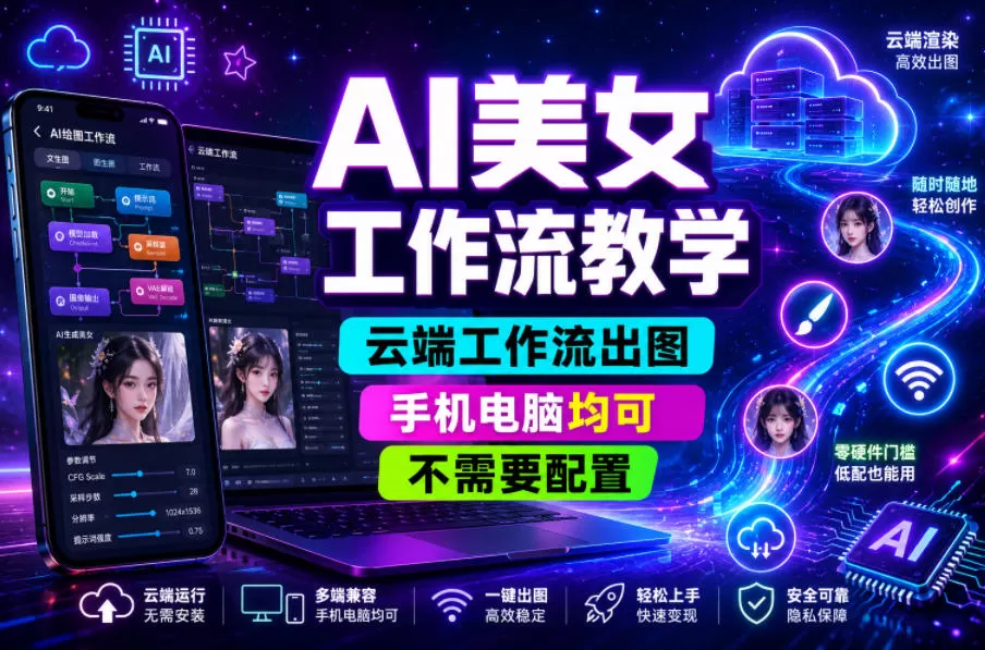 AI美女工作流教学，云端工作流出图，手机电脑均可，不需要配置，快速起号涨粉网创资源-中创网-冒泡网-福缘网长青创习社