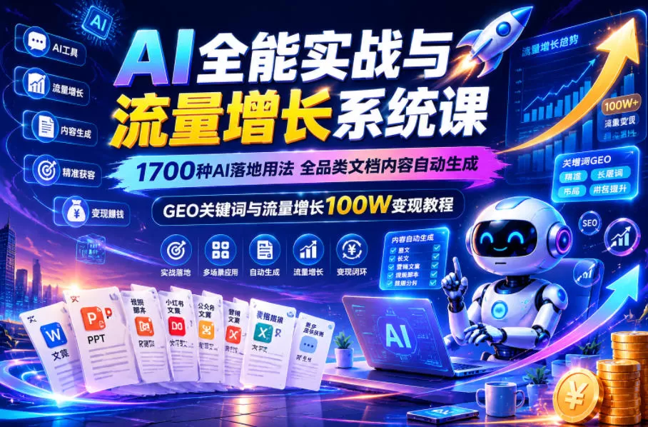 AI全能实战与流量增长系统课,1700种AI落地用法,全品类文档内容自动生成,GEO关键词与流量增长100W变现教程网创资源-中创网-冒泡网-福缘网长青创习社