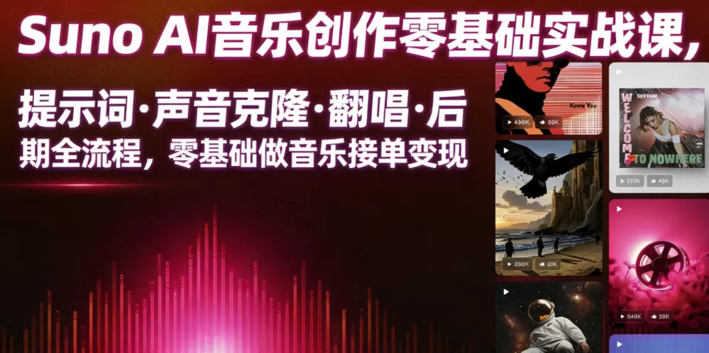 Suno AI音乐创作实战课，提示词・声音克隆・翻唱・后期全流程，零基础做音乐接单变现网创资源-中创网-冒泡网-福缘网长青创习社