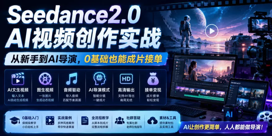 Seedance2.0 AI视频创作实战,从新手到AI导演,0基础也能成片接单变现网创资源-中创网-冒泡网-福缘网长青创习社