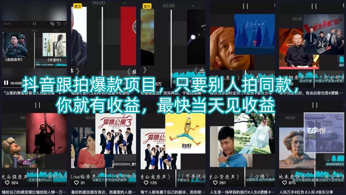 抖音跟拍爆款项目，只要别人拍同款，你就有收益，最快当天见收益网创资源-中创网-冒泡网-福缘网长青创习社