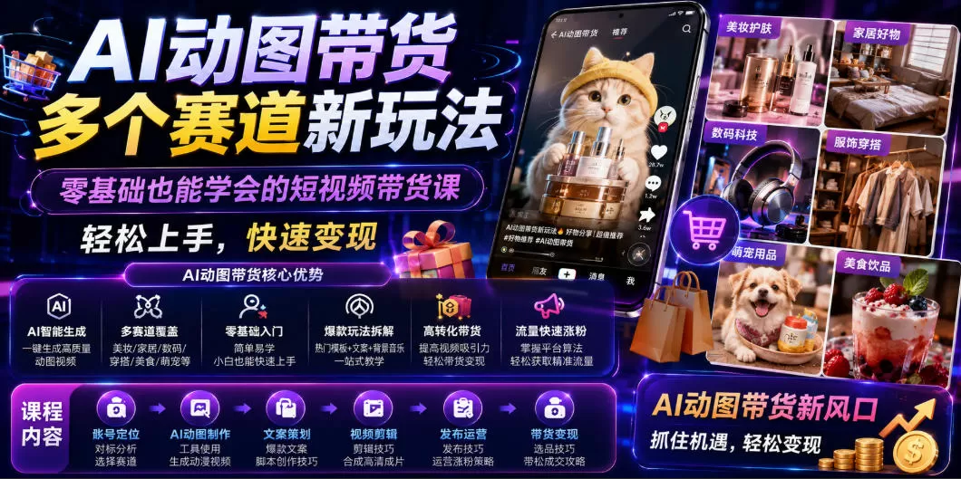 AI动图带货多个赛道新玩法，零基础也能学会的短视频带货课，轻松上手，快速变现网创资源-中创网-冒泡网-福缘网长青创习社