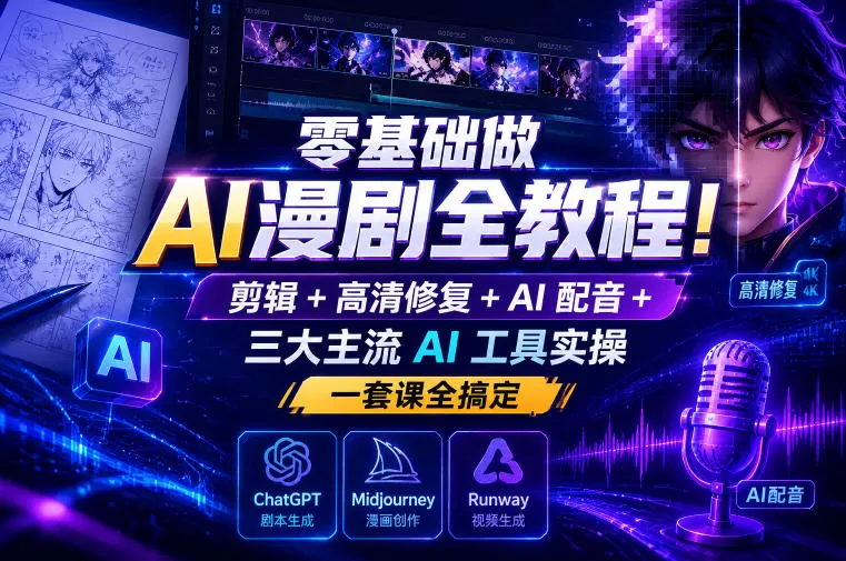 零基础做AI漫剧全教程！剪辑+高清修复+AI配音+三大主流AI工具实操，一套课全搞定网创资源-中创网-冒泡网-福缘网长青创习社