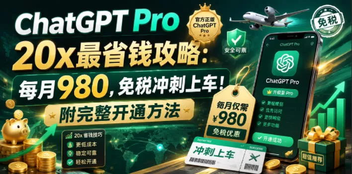 ChatGPT Pro 20x最省钱攻略：每月980，免税冲刺上车！附完整开通方法【文档】网创资源-中创网-冒泡网-福缘网长青创习社