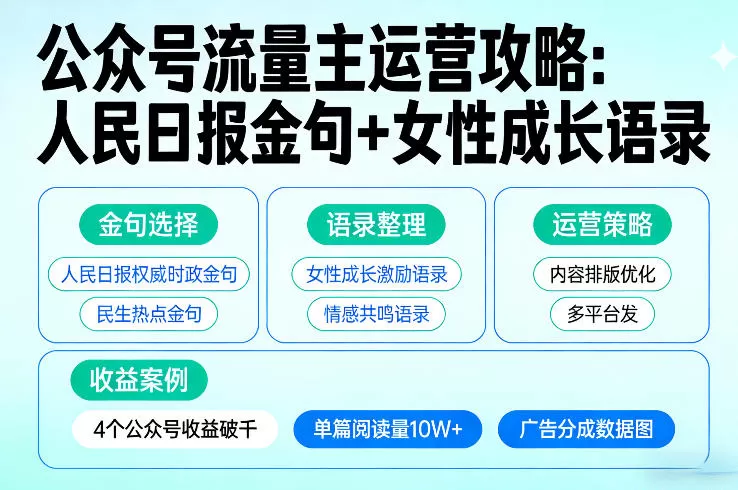 利用人民日报金句+女性成长语录做公众号流量主，4个公众号收益破千网创资源-中创网-冒泡网-福缘网长青创习社