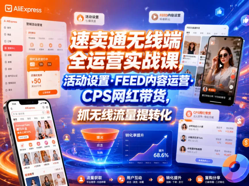速卖通无线端全运营实战课,活动设置・FEED内容运营・CPS网红带货,抓无线流量提转化网创资源-中创网-冒泡网-福缘网长青创习社