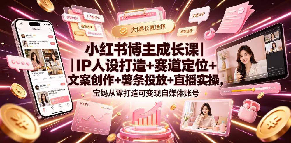小红书博主成长课｜IP人设打造+赛道定位+文案创作+薯条投放+直播实操，宝妈从零打造可变现自媒体账号网创资源-中创网-冒泡网-福缘网长青创习社