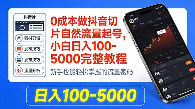 0成本做抖音切片自然流量起号，小白日入100-5000完整教程网创资源-中创网-冒泡网-福缘网长青创习社