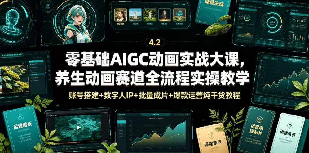 零基础AIGC动画实战大课，养生动画赛道全流程实操教学，账号搭建+数字人IP+批量成片+爆款运营纯干货教程网创资源-中创网-冒泡网-福缘网长青创习社