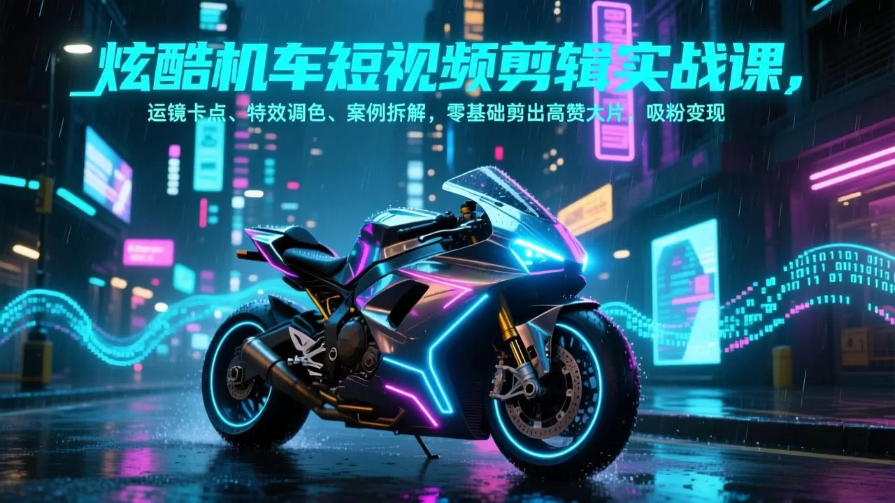 炫酷机车短视频剪辑实战课，运镜卡点、特效调色、案例拆解，零基础剪出高赞大片，吸粉变现网创资源-中创网-冒泡网-福缘网长青创习社