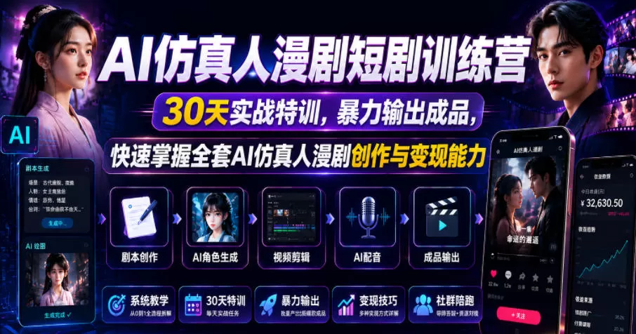 AI仿真人漫剧短剧训练营,30天实战特训,暴力输出成品,快速掌握全套AI仿真人漫剧创作与变现能力网创资源-中创网-冒泡网-福缘网长青创习社