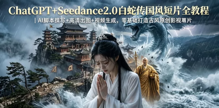 ChatGPT+Seedance2.0白蛇传国风短片全教程|AI脚本撰写+高清出图+视频生成,零基础打造古风原创影视短片网创资源-中创网-冒泡网-福缘网长青创习社