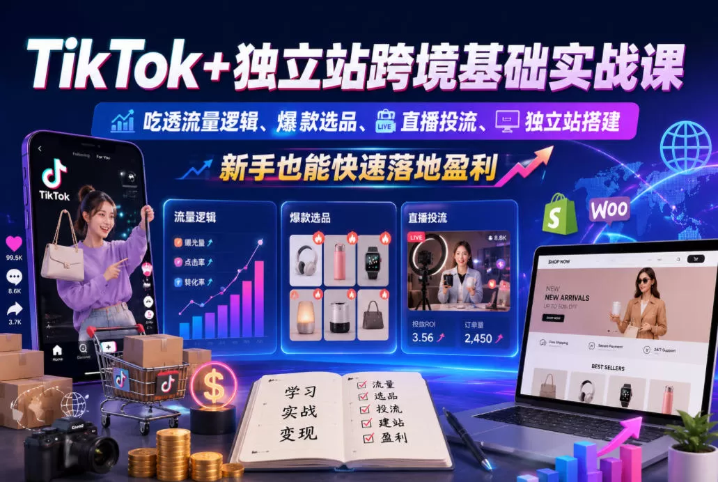 TikTok+独立站跨境基础实战课,吃透流量逻辑、爆款选品、直播投流与独立站搭建,新手也能快速落地盈利网创资源-中创网-冒泡网-福缘网长青创习社