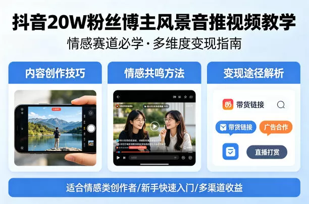 抖音20W粉丝博主风景音推视频教学,情感赛道必学,各种变现途径网创资源-中创网-冒泡网-福缘网长青创习社