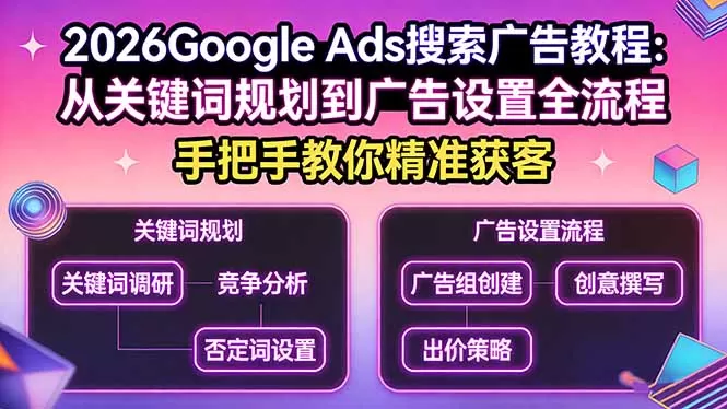 2026Google Ads搜索广告教程：从关键词规划到广告设置全流程，手把手教你精准获客网创资源-中创网-冒泡网-福缘网长青创习社