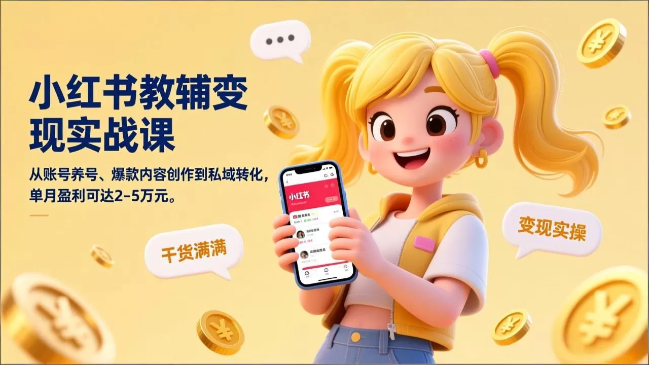 小红书教辅变现实战课,从账号养号、爆款内容创作到私域转化,单月盈利可达2-5万元网创资源-中创网-冒泡网-福缘网长青创习社