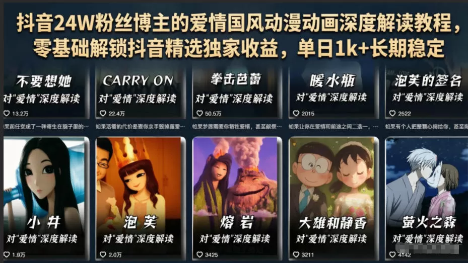 抖音24W粉丝博主的爱情国风动漫动画深度解读教程，零基础解锁抖音精选独家收益，单日1k+长期稳定网创资源-中创网-冒泡网-福缘网长青创习社