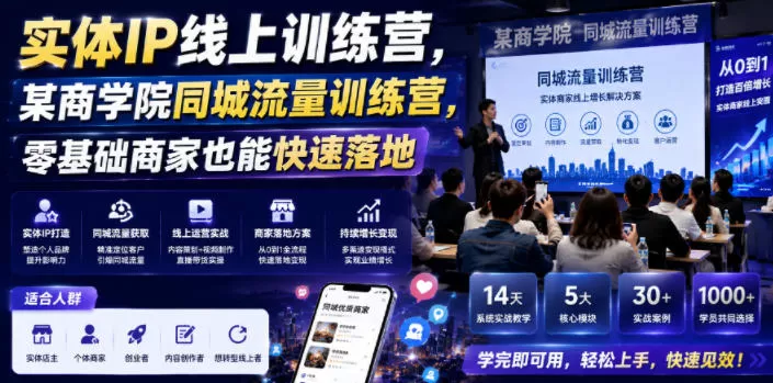 实体IP线上训练营,某商学院同城流量训练营,零基础商家也能快速落地网创资源-中创网-冒泡网-福缘网长青创习社