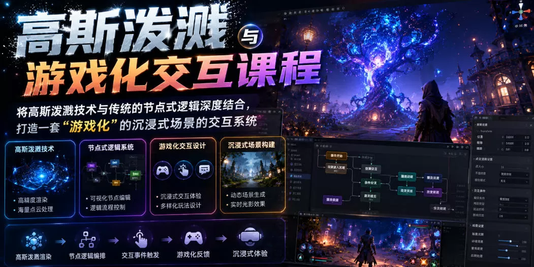 高斯泼溅与游戏化交互课程，将高斯泼溅技术与传统的节点式逻辑深度结合，打造一套“游戏化”的沉浸式场景的交互系统网创资源-中创网-冒泡网-福缘网长青创习社