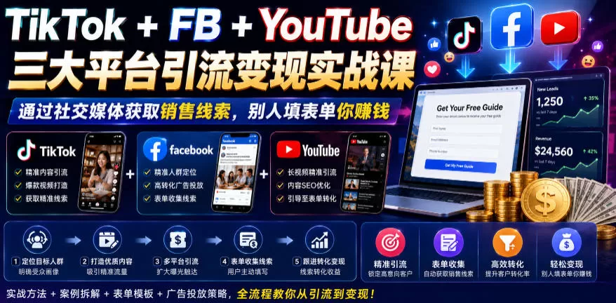 TikTok+FB+YouTube三大平台引流变现实战课，通过社交媒体获取销售线索，别人填表单你賺钱【原创双语字幕】网创资源-中创网-冒泡网-福缘网长青创习社