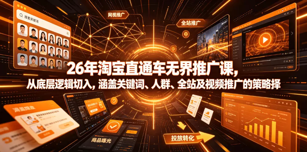 26年淘宝直通车无界推广课，从底层逻辑切入，涵盖关键词、人群、全站及视频推广的策略选择网创资源-中创网-冒泡网-福缘网长青创习社