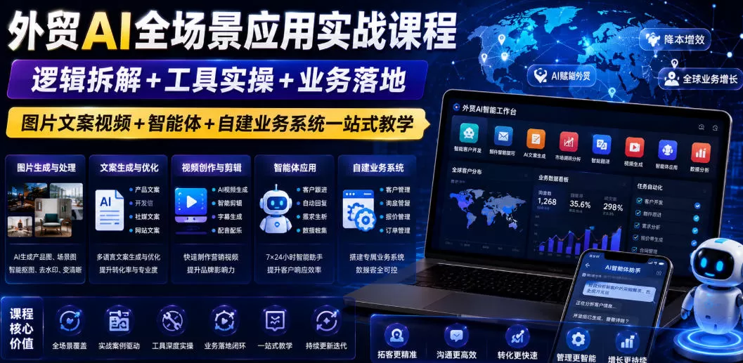 外贸AI全场景应用实战课程｜逻辑拆解+工具实操+业务落地，图片文案视频+智能体+自建业务系统一站式教学网创资源-中创网-冒泡网-福缘网长青创习社