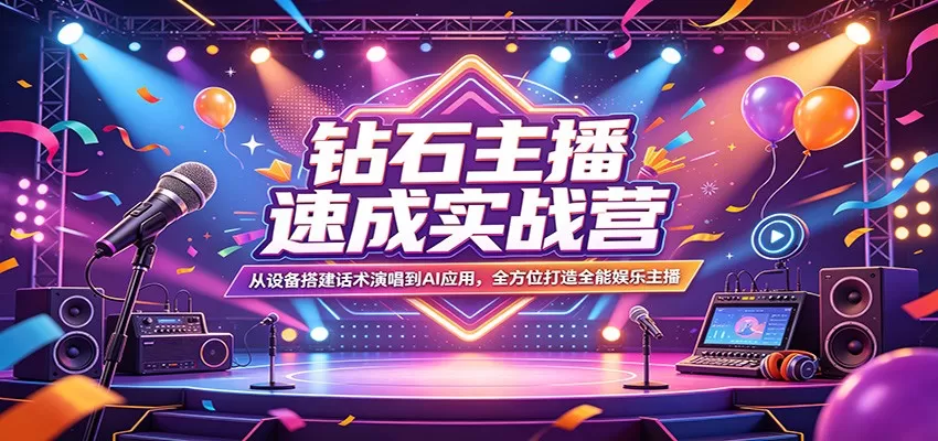 钻石主播速成实战营：从设备搭建话术演唱到AI应用，全方位打造全能娱乐主播网创资源-中创网-冒泡网-福缘网长青创习社