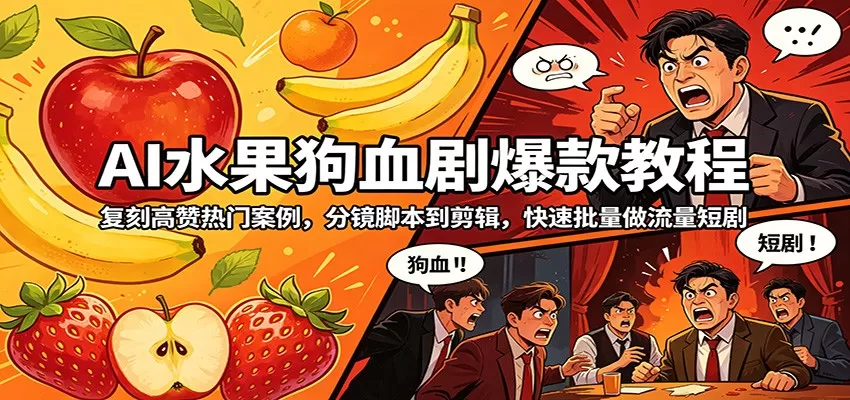 AI水果狗血剧爆款教程：复刻高赞热门案例，分镜脚本到剪辑，快速批量做流量短剧网创资源-中创网-冒泡网-福缘网长青创习社